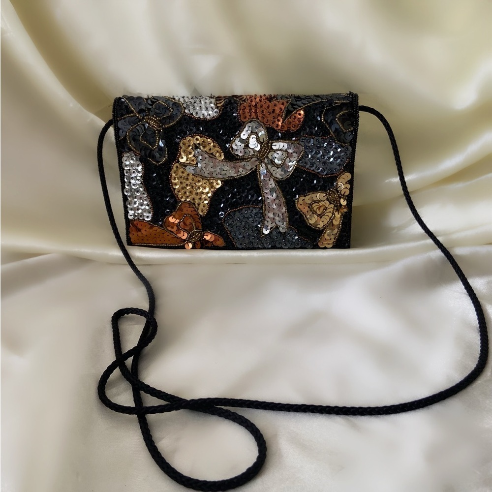 Vintage sequin bow clutch purse bag formal black gold Carla Marchi